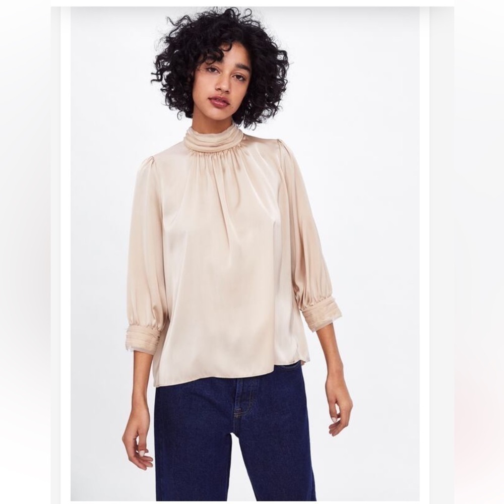 Zara Champagne Satin High Neck Blouse Size S